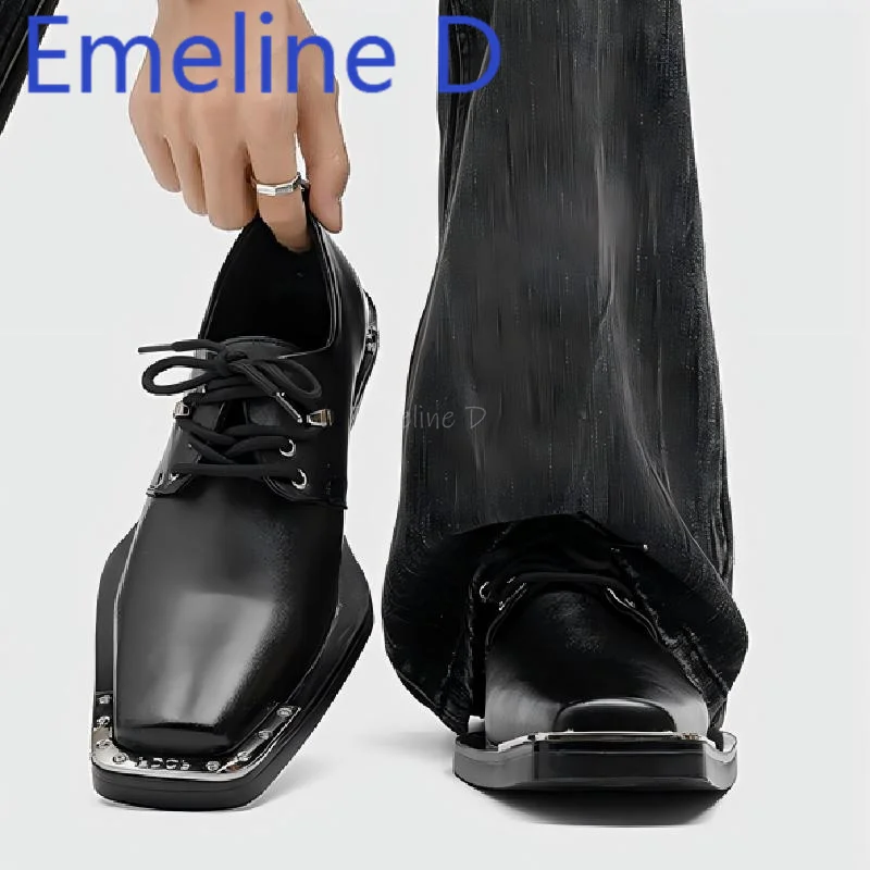 

Metal Square Toe Derby Shoes Fashionable Thick Soled Lace Up Design Upturned Toe Thick Heel Trendy Men's Casual Leather Shoes