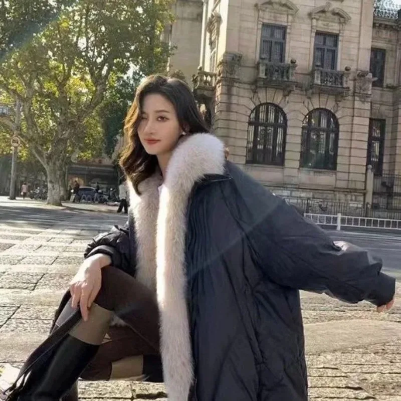 Afneembare vossenbontkraag Ganzendons Bont Middellange en lange losse donsjas Winter Nieuwe jas Dopamine Prachtige persoonlijkheid Mode