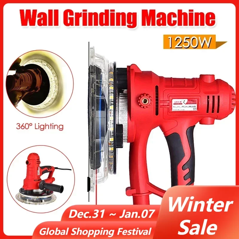 1250W 220V Drywall Sander Electric Wall Putty Polisher with LED Light Putty Dustless Self-vacuum Grinding Polishing Machine