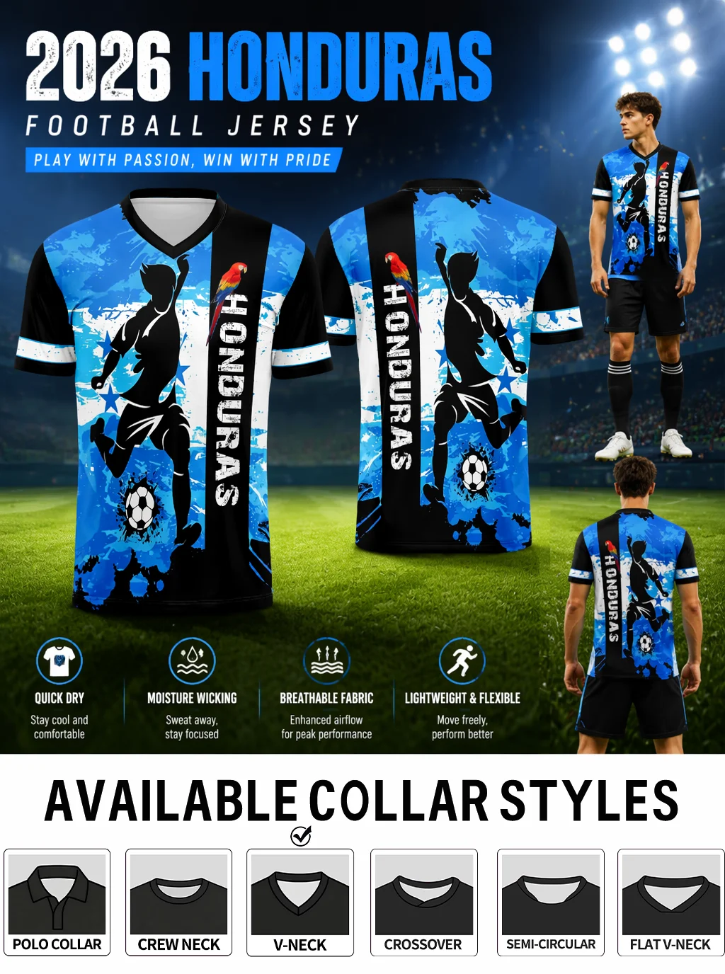 2026 Honduras V‑neck soccer jersey, parrot and footballer silhouette print, blue‑black splash‑ink pattern, quick‑dry fabric