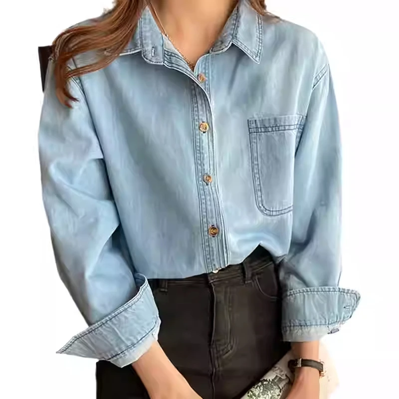 قميص الدنيم الأزرق للنساء ربيع الخريف النمط الأمريكي الجديد جيب الشارع العالي معاطف طويلة الأكمام موضة قمم واحدة الصدر #5