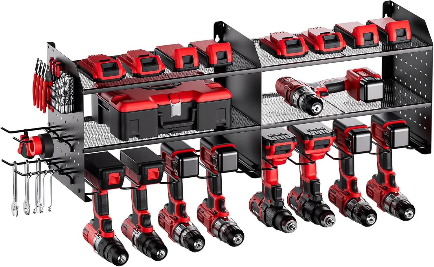 

2-in-1 Wall Mount Tool Organizer with Drill Holder, Pegboards, Hooks, and Bit Rack for Garage Storage