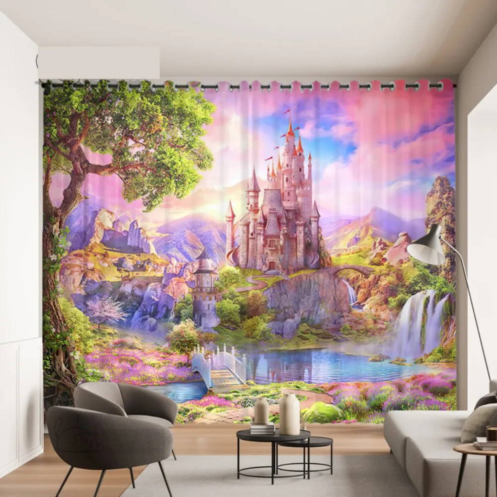 2PCS Pink Princess Castle Landscape Curtain 3D City Amusement Park Children's Room Floor-to-ceiling Window Living Room Decor