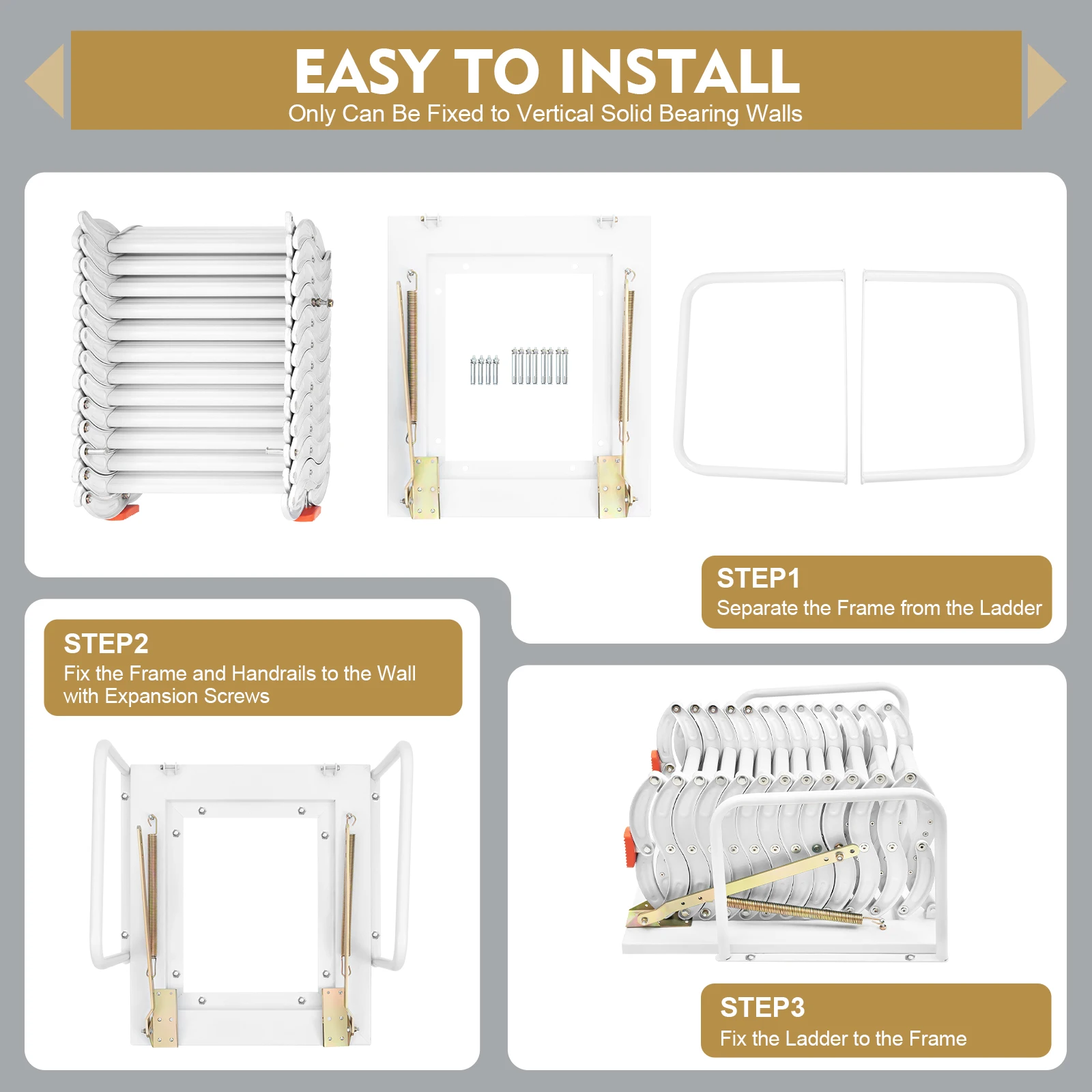 سلم قابل للطي مثبت على الحائط مكون من 12 خطوة للمرآب العلوي وسبائك الألومنيوم مع سعة 881 رطلًا لتوفير المساحة البيضاء وسحب للأسفل #5