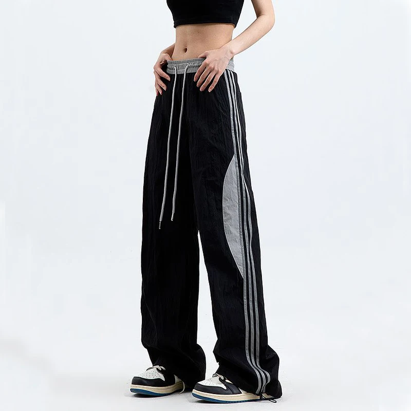 Striped Patchwork Wide Leg Pants Women American Streetwear High Waist Straight Pants Summer Thin Casual Loose New Trousers