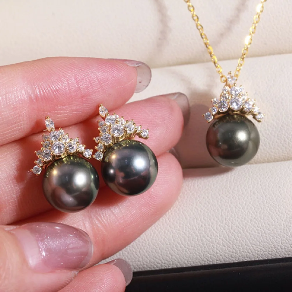 

Natural Pearl AAAA10-11mm Tahiti Black Pearl Pendant 18in+Earstuds 925s