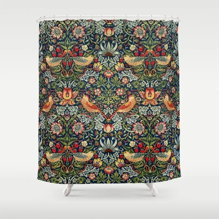 Strawberry Thief by William Morris 1883 Antique Vintage Pattern Spring Summer Shower Curtain Frabic Waterproof Bathroom Curtains