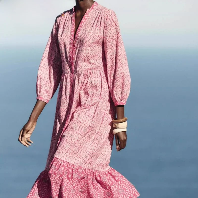 Sukienka midi w kwiatowy wzór z okrągłym dekoltem, długim rękawem, nowa letnia sukienka damska z rękawami typu dzwonek, wysoki stan, szyfon.