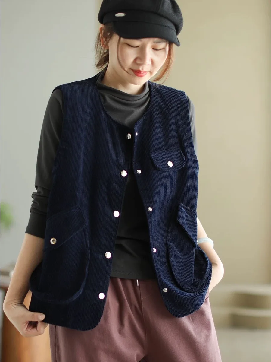 

2025 Autumn New Sle Women's Corduroy Vest Faionable Outerwear Spring Autumn High End Ele Top round Ne Single Button