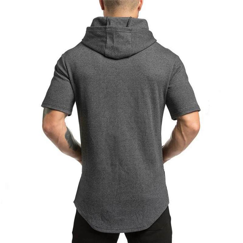 Mens Bodybuilding Fitness Workout Pure Cotton Printed Summer Slim Fit Pullover Gyms Hooded Short Sleeve