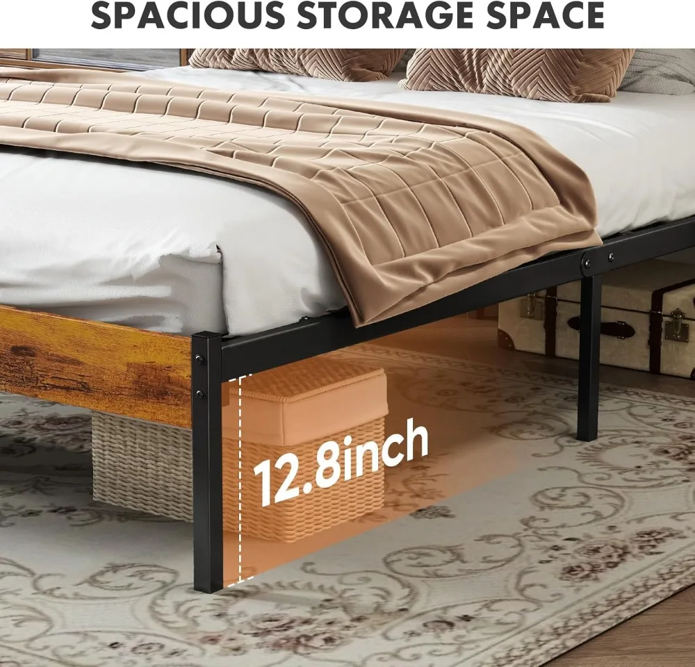 헤드보드가 있는 풀 사이즈 침대 프레임, 800파운드 지지력, 침대 밑 수납 공간, 박스 스프링 필요 없음, 러스트 브라운 색상의 간편 조립