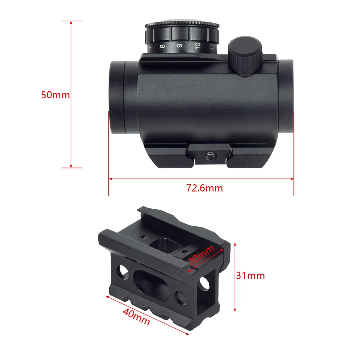 Mira telescópica táctica de punto rojo, mira telescópica MOA de 1x20 RDS-25 para armas Airsoft de 20mm, AR15, M4, M16, AK47