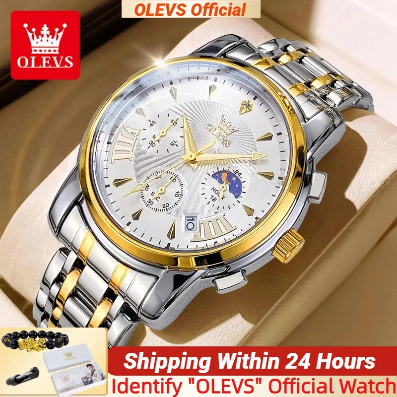 

OLEVS 2892, классические мужские часы с фазой Луны, водонепроницаемые аналоговые кварцевые часы из нержавеющей стали для мужчин, светящиеся модные наручные часы