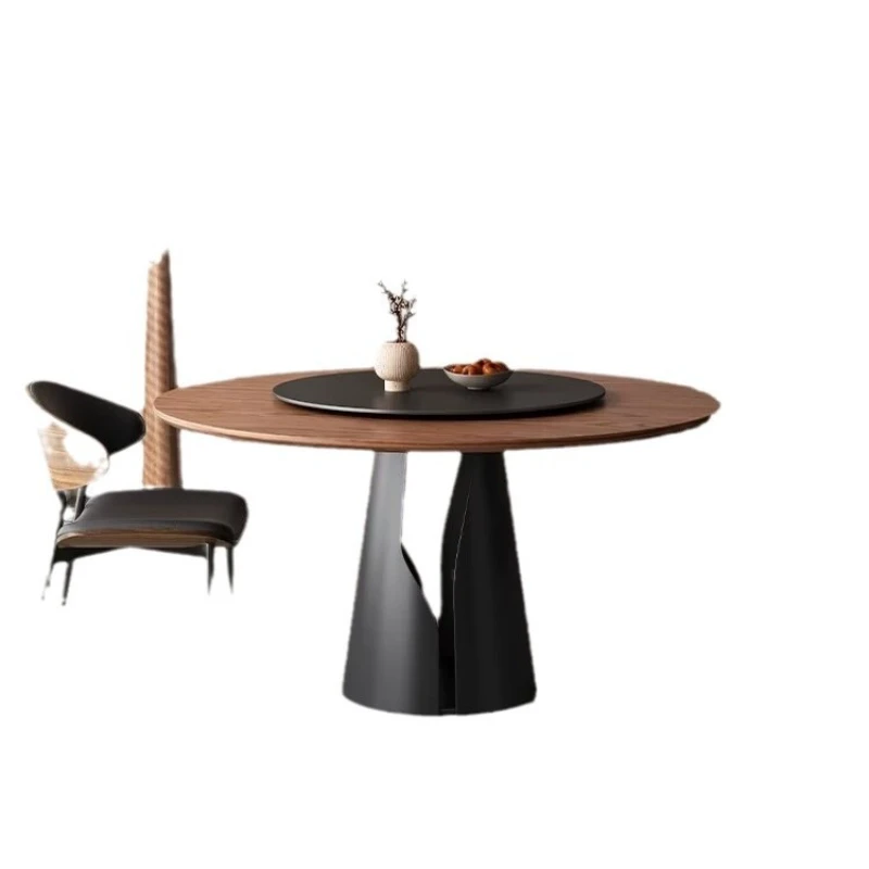 

Solid wood texture round rock slab dining table, French retro cream household dining table with turntable