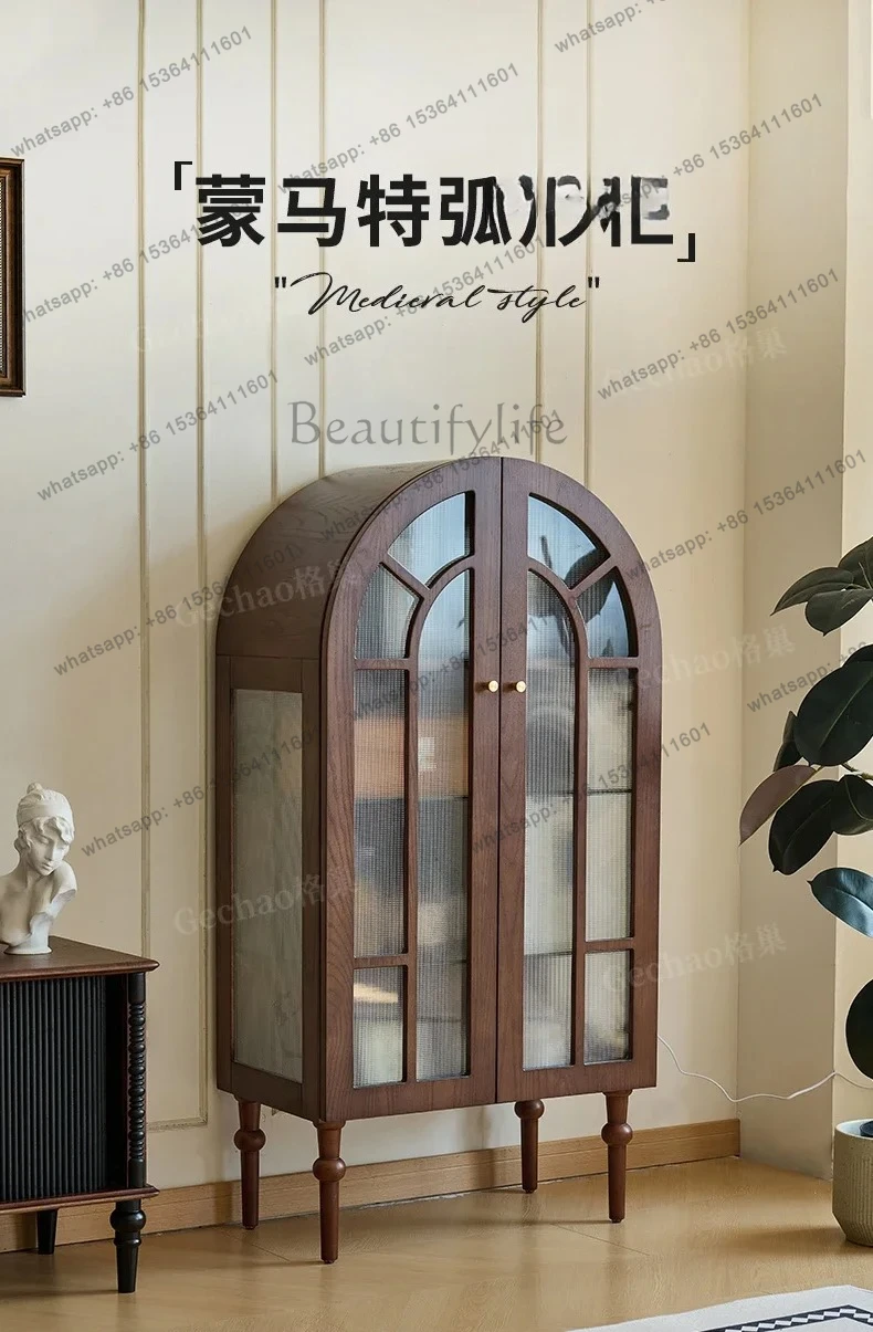 

D06Medieval Mongolian French retro figure cabinet Solid wood arched display cabinet Glass living room TV cabinet