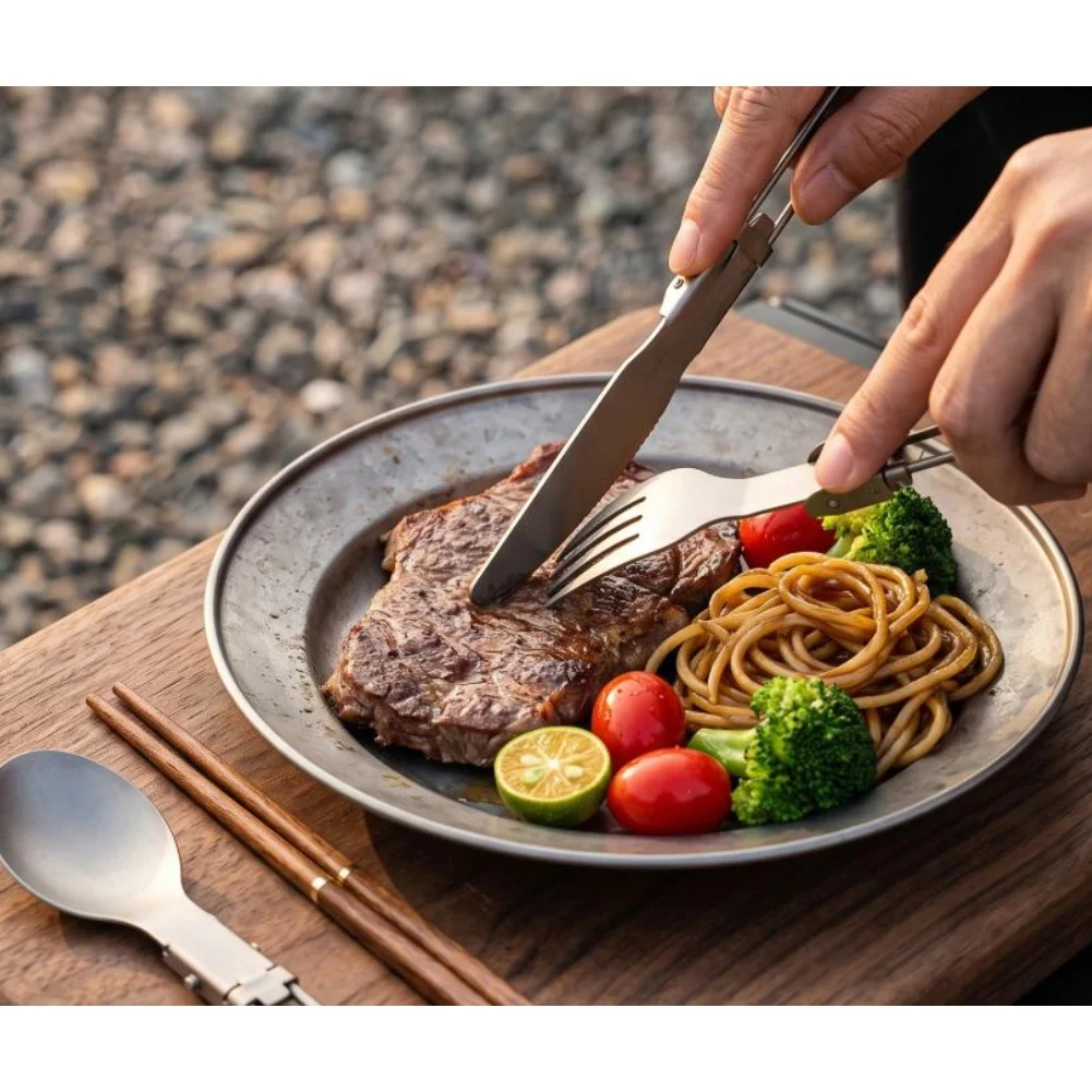 Titanium Cutlery Set Portable Foldable Spoon Fork Chopsticks With Wood Handle For Outdoor Camping Hiking Picnic Tableware view 5
