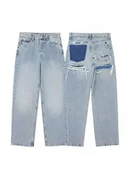 HH 2024 Women's Street Fashion Denim Blue Jeans Distressed Patchwork High Waist Zipper Fly Ripped Retro Long Pants