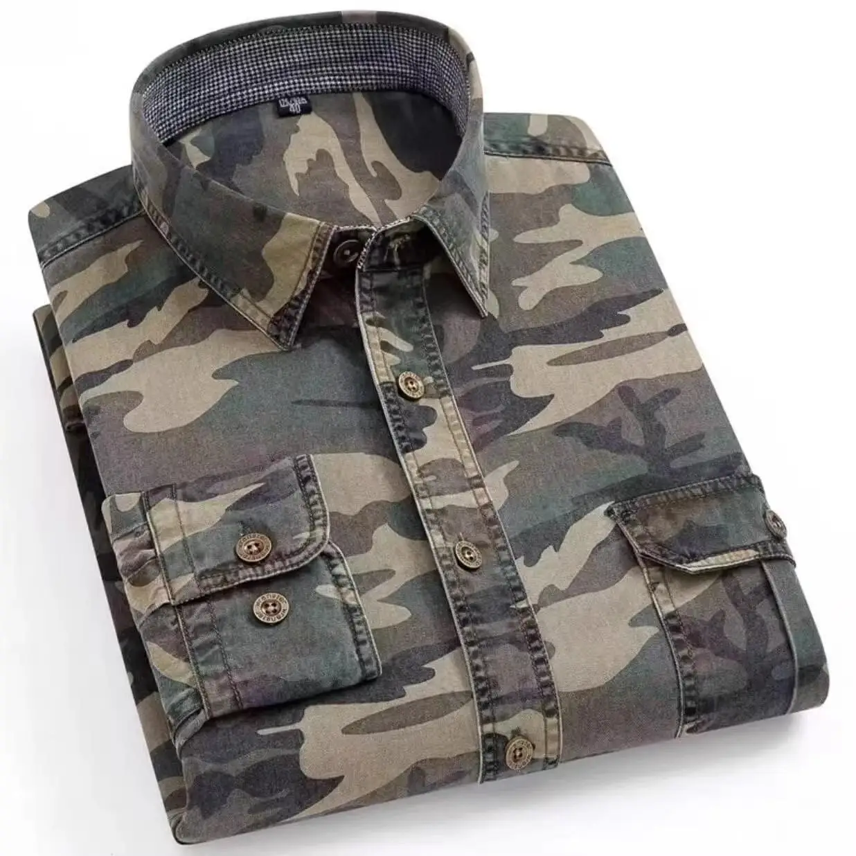 Camouflage Long Sleeve Casual Shirt Men's Spring Autumn Military Style Washed Retro Color Block Coat Youth Wear Resistant
