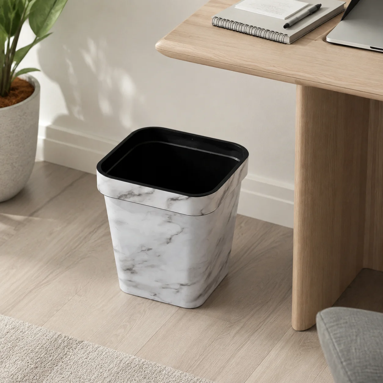 Modern Marble Pattern Garbage Bin 12L, Square Waste Basket with Press‑Ring Design for Home Office Dorm