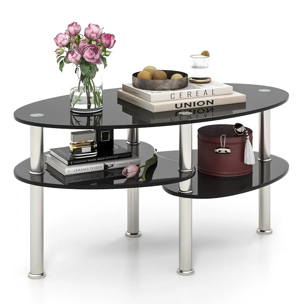 

Oval Glass Coffee Table - 3-Tier Transparent Tempered Glass Table W/Sturdy Chrome Plated Legs, Small Sofa Side Table, End Table
