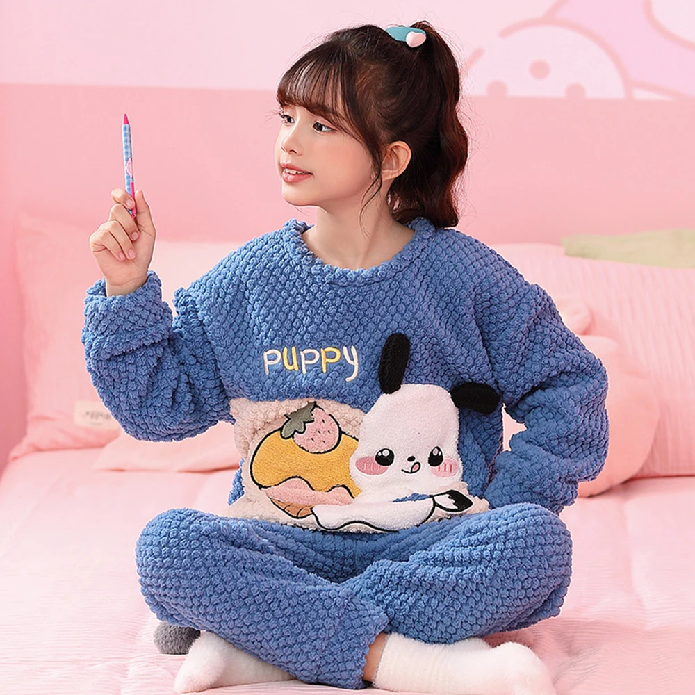 Anime Sanrios Spring Autumn Kuromi Cinnamoroll Children Flannel Pajamas Cartoon Korean Style Warm Pajama Children\'s Home Wear