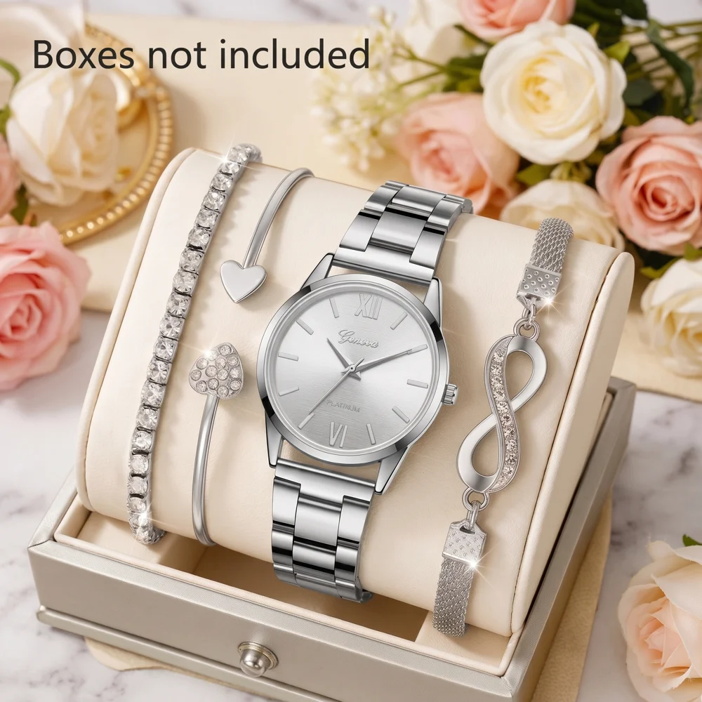 4Pcs/Set Unisex Jewelry Watches Women's Wristwatch Accessories Silver Fashion Business Elegant Classic Exquisite Retro Light Luxury Rhinestone Luxury Bracelet Watch Set Y2K Party Gathering Suitable for Daily Outfits Perfect Holiday Gift