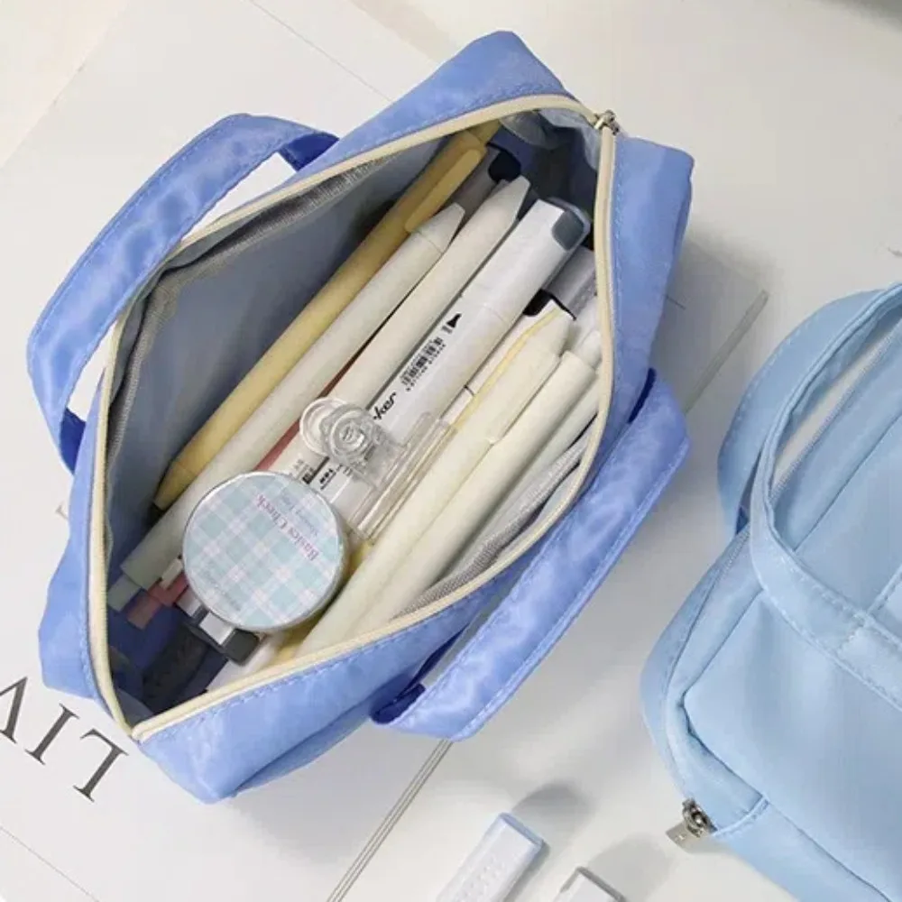 Simple Handbag Pen Bag Large Capacity with Handle Pencil Case Blue Color Waterproof Storage Pouch Students