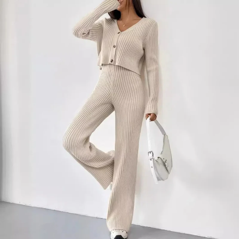 New Autumn and Winter Fashionable Casual Straight Leg Pants with Loose V-neck and Pit Stripe Knit Two-piece Set