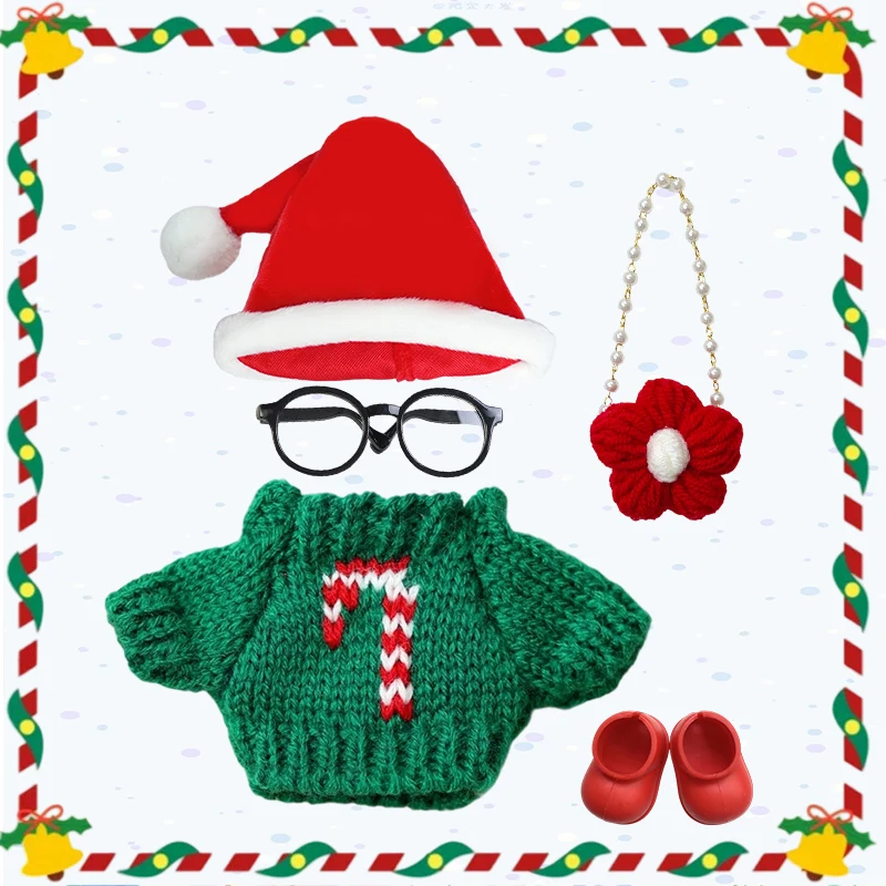 Ubranka dla lalek Labubu 15-17 cm, świąteczny zestaw: czapka, szalik, renifer, bałwan, mini pluszowa lalka, akcesoria, sukienka na Nowy Rok, prezent.