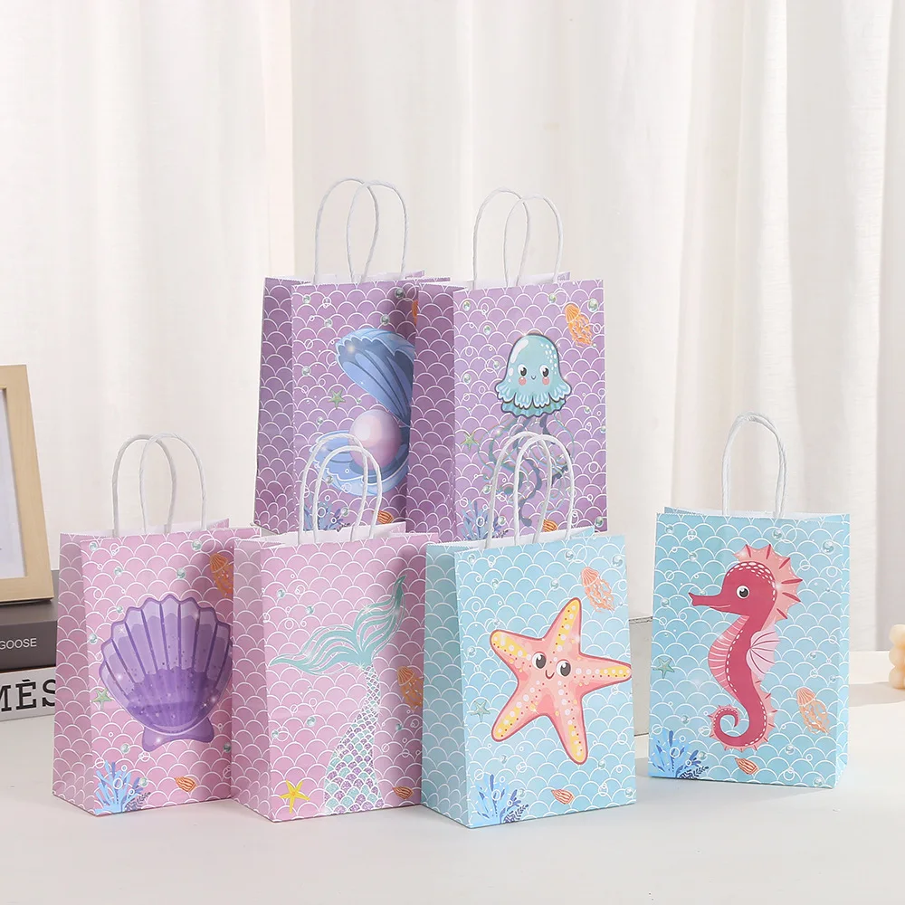 6Pcs Cartoon Ocean Theme Paper Gift Packing Bags Mermaid Shell Candy Cookie Bag for Girl Birthday Baby Shower Party Decoration