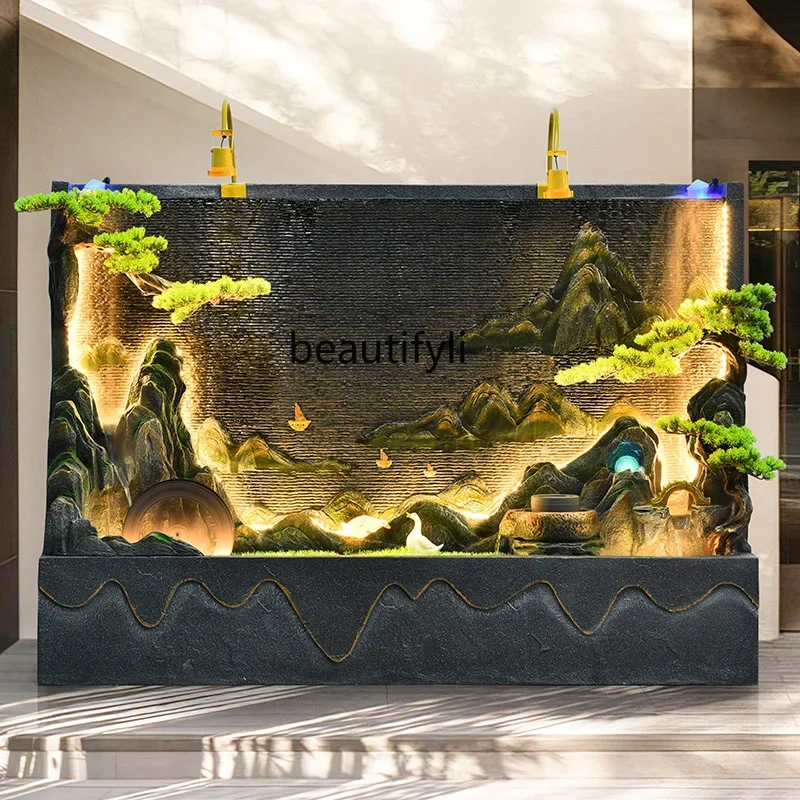 flowing water fountain, living room, courtyard, floor-to-ceiling water curtain wall, company sign,   ornament