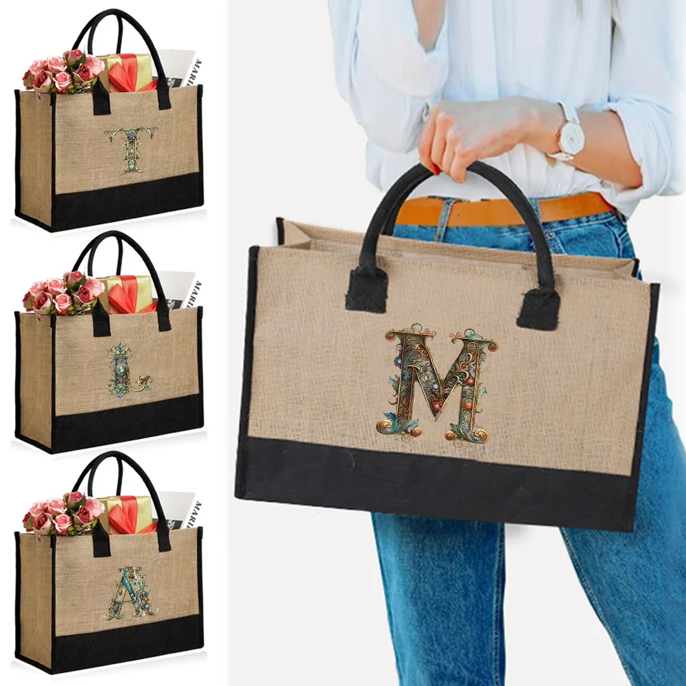 

Cotton and Linen Shopping Bag Reusable Jute Tote Bag Storage Pack Portable Organizer Pouch Graphic Letter Pattern Series