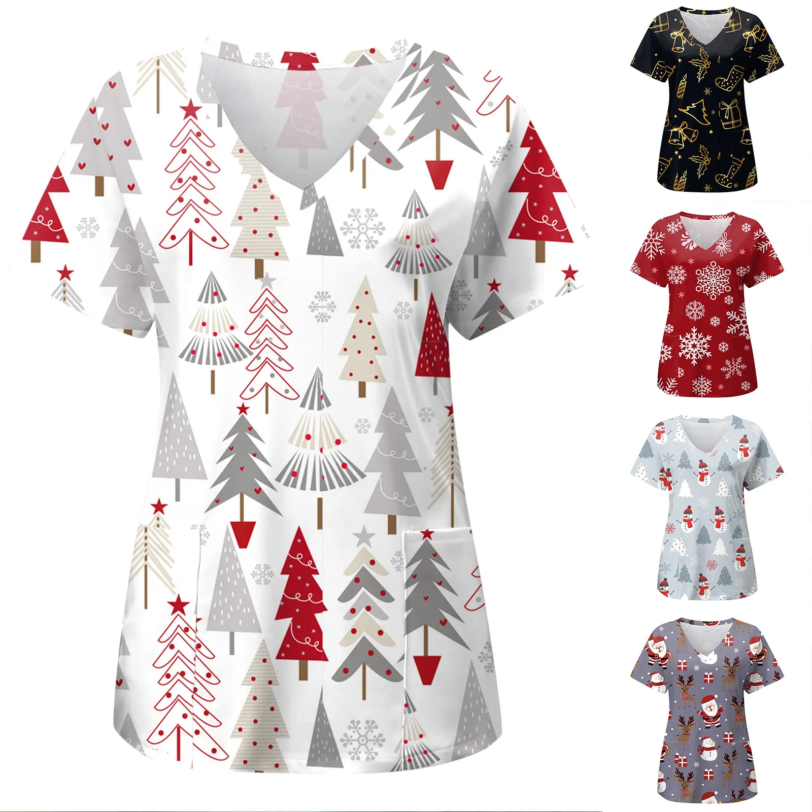 Christmas Nurse Uniform Women Xmas Snowflake Print Short Sleeve Pockets V Neck Overalls Tops Medical Working Uniforme Healthcare