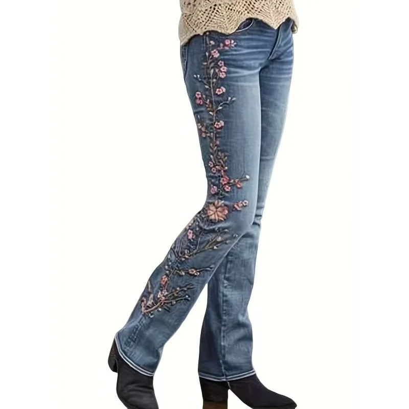 Korean Y2K American Streetwear Elastic Straight Leg Bell Bottoms Embroidered Denim Jeans Women's Fashion Retro High Waist