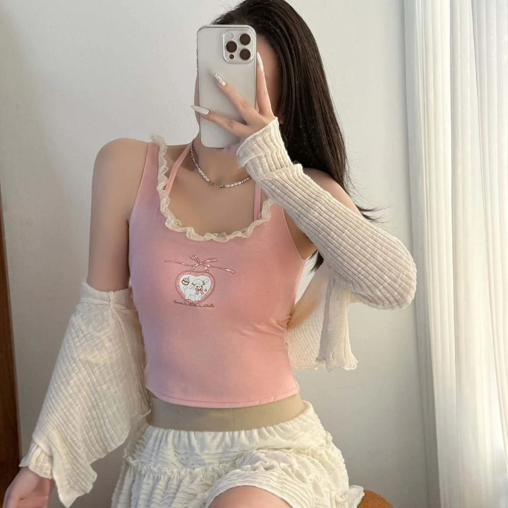 Camisola con cuello Halter de encaje falso de dos piezas, Top corto de encaje ajustado sin mangas con letras, chaleco, sujetador de verano con almohadillas, camisola junto al mar