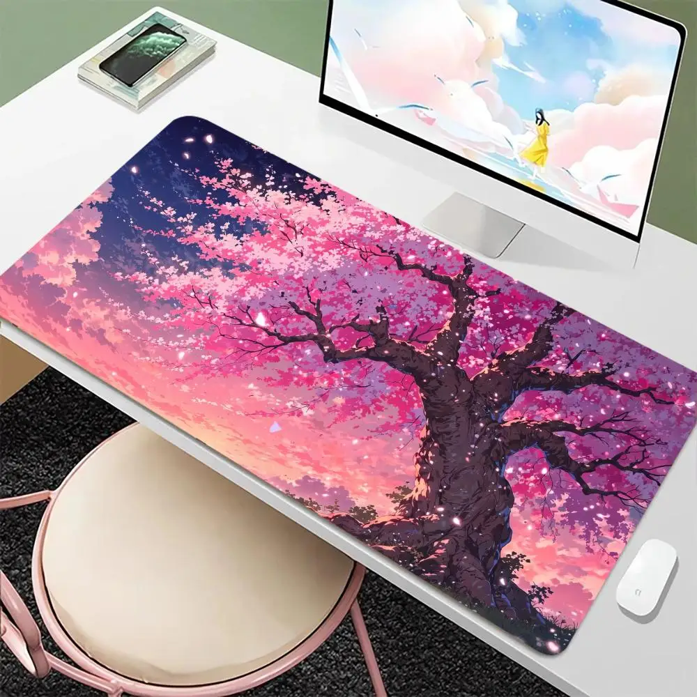 แผ่นรองเมาส์ลายดอกซากุระ XXL ขนาดใหญ่พิเศษ แผ่นรองเมาส์สำหรับเล่นเกมแบบไม่ลื่น แผ่นรองเมาส์สำหรับนักเล่นเกมอีสปอร์ต แผ่นรองเมาส์สำหรับคีย์บอร์ดเกมมิ่งแบบกลไก