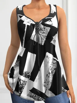 Büyük Beden Patchwork Baskı Tank Top, Yaz İçin Günlük V Yaka Kolsuz İpli Tank Top, Kadın Büyük Beden Giyim 2025