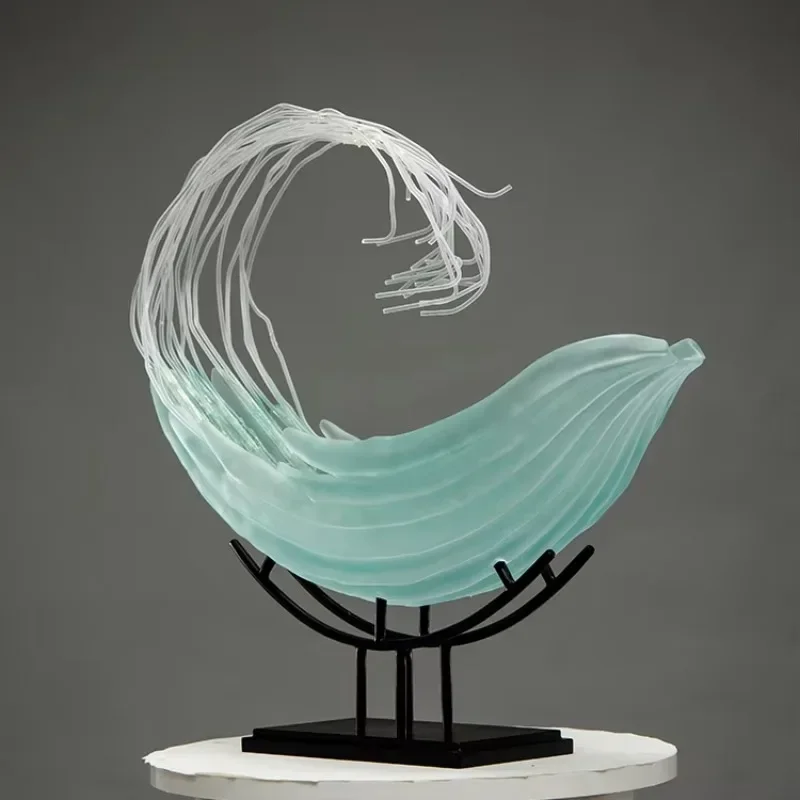 

High-quality home interior decoration ornaments, handicraft art 3D design modern whale wave transparent resin sculpture