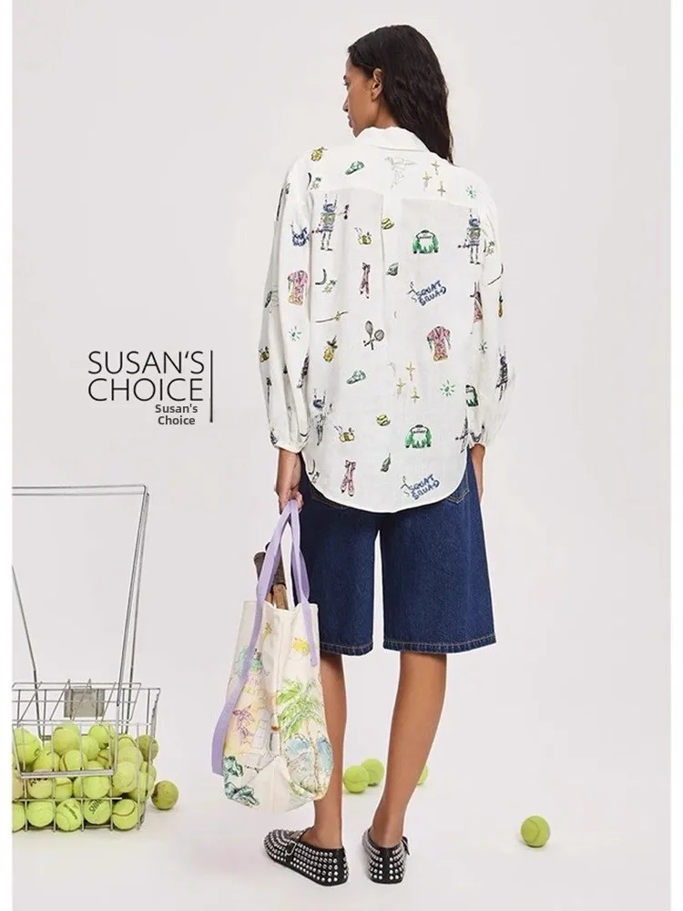 Susan Australian Linen Long Sve Embroidered Pattern Casual Loose irt Versatile Top Women's Busin Casual Faion