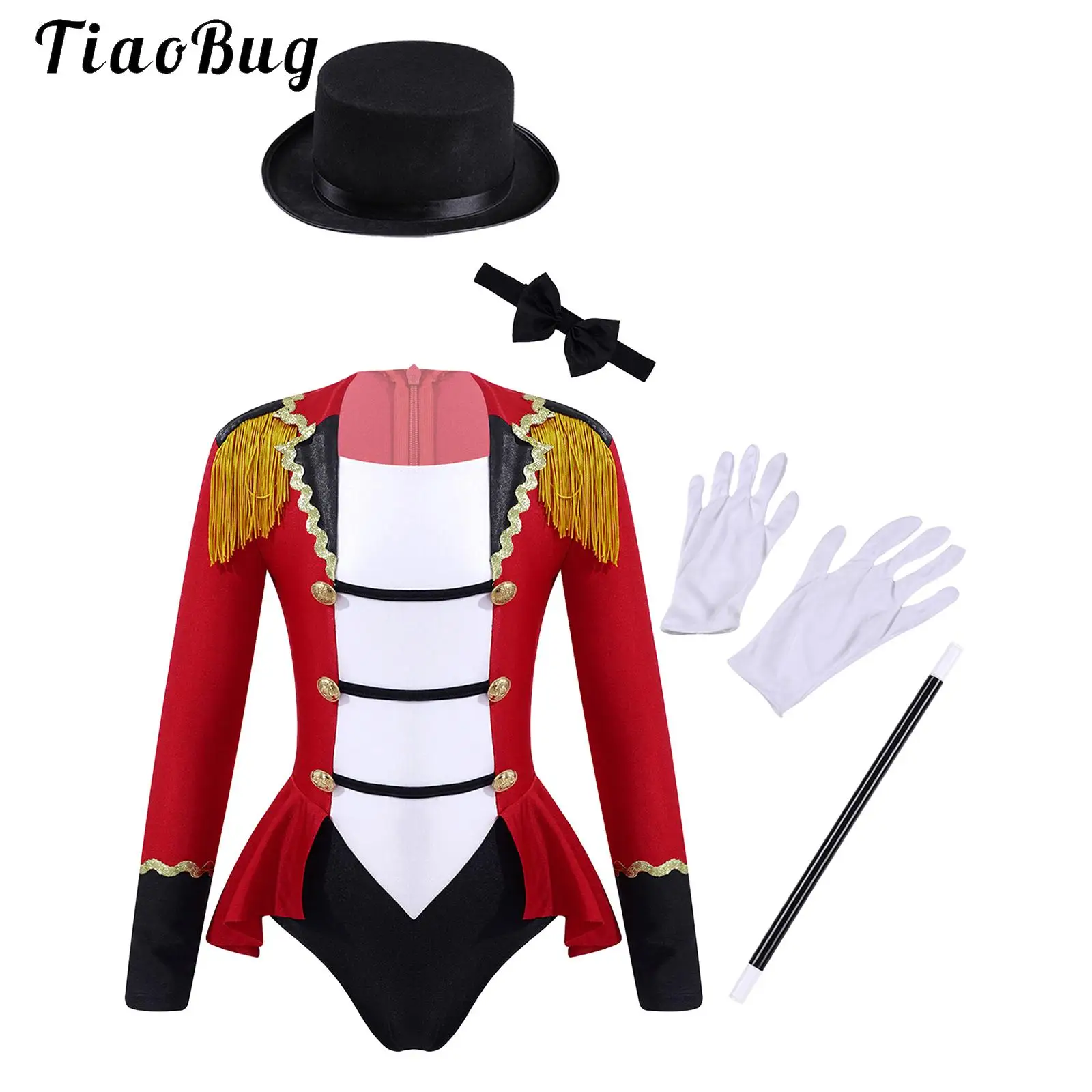 Costume de cirque Ringmaster pour enfants filles, combinaison à manches longues avec franges, ensemble de gants baguette magique, déguisement d'Halloween