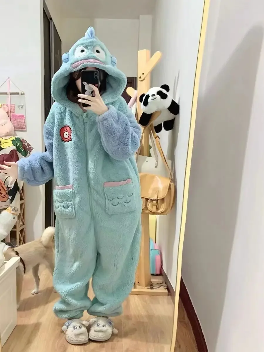 Cartoon Hangyodon Plush Siamese Pajamas Hooded Jumpsuit Pajamas Sanrioed Anime Kawaii Coral Velvet Homewear Thickened Nightgown