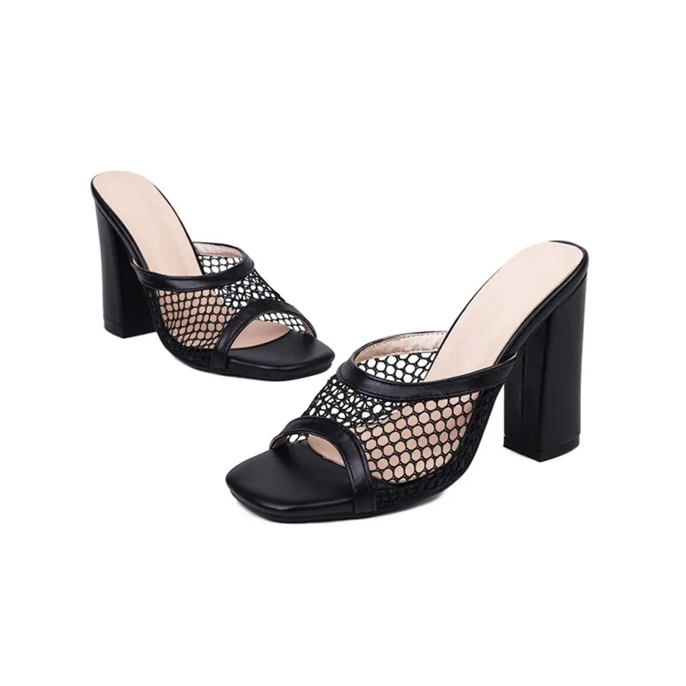 Women Mesh Block Heel Mules Open Toe Slip-On Sandals Green Rose red  White Black Plus Size 34-43 Chunky Heel Summer Shoes  A8L