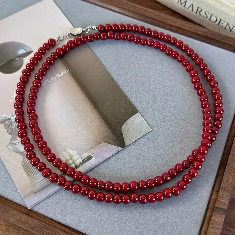 Temperament 6mm Red Color Glass Beads Strand Beaded Necklace for Women Mujer Silver Plating Ingot Clasp Long Sweater Chain 2025
