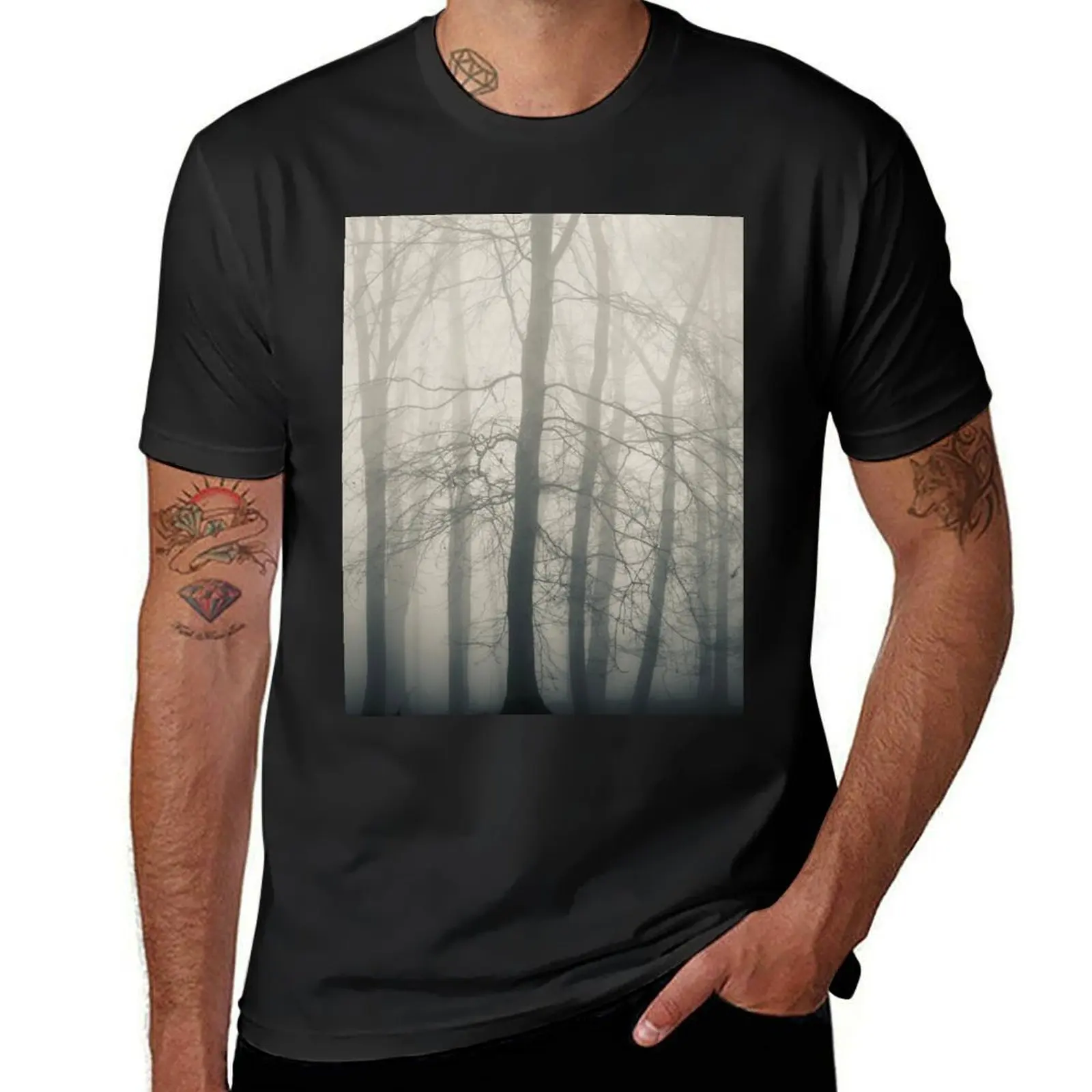 Digital photograph of misty woodland in Monochrome T-Shirt tops customizeds plain black t shirts men