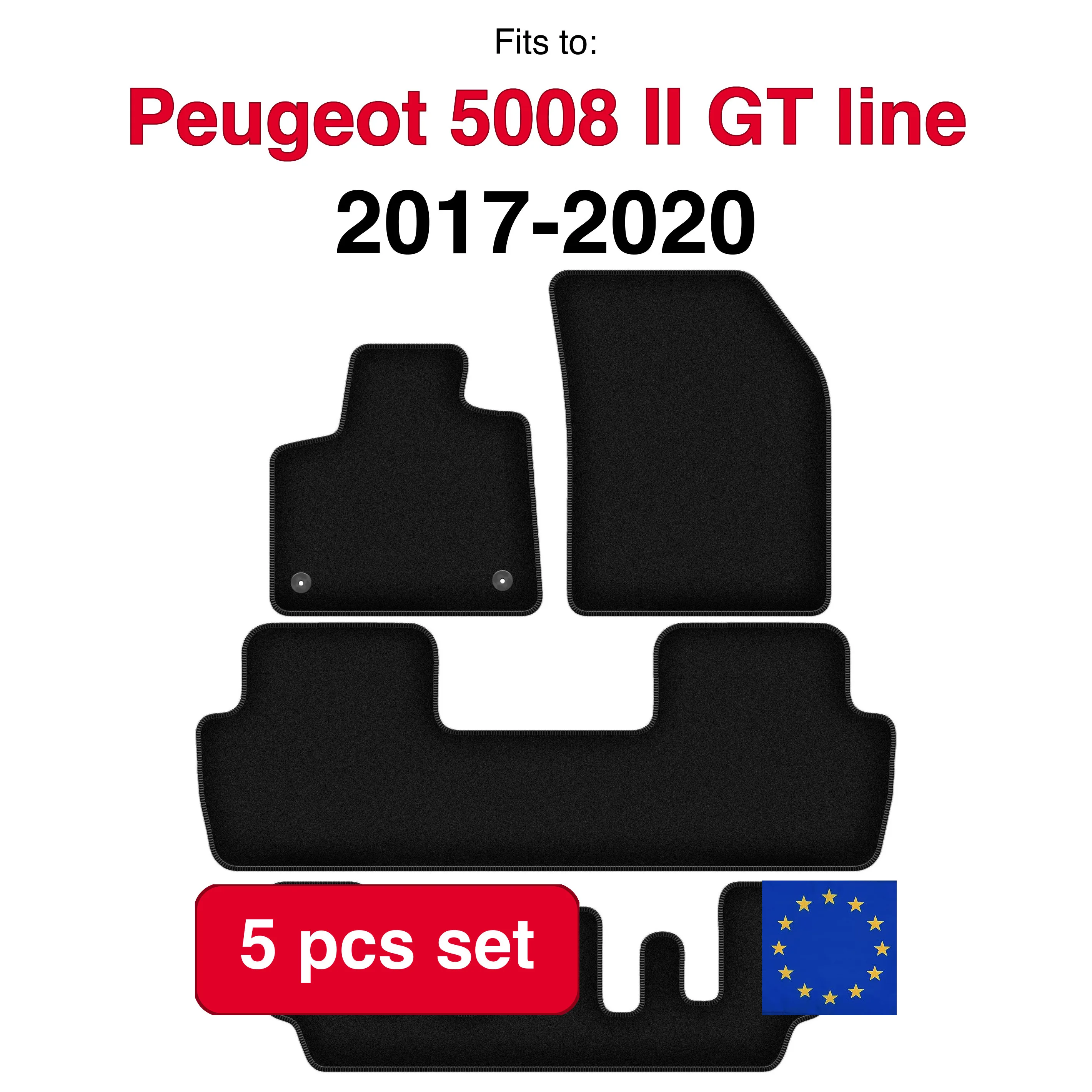Velour tapijtenset voor Peugeot 5008 II GT line 7 OS (2017-2020) - Zwart (5 stuks) in de auto passende automattenset