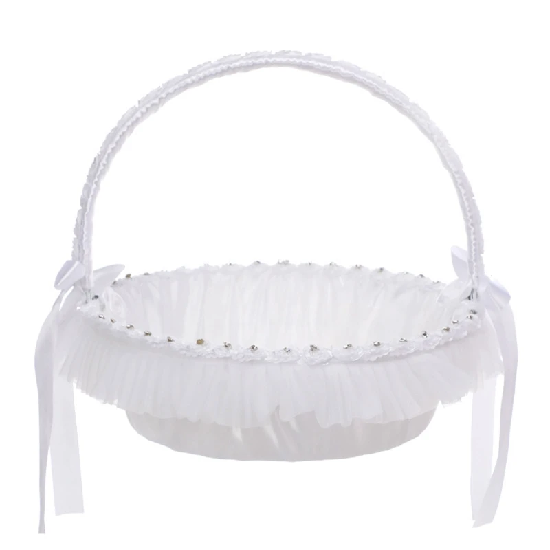 Glistening Royal Bow Wedding Baskets for Flower Girl With Lace White