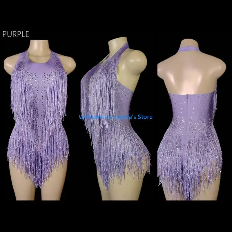 X4YC Femmes Costume danse latine Halterneck Backless Danse Danse Sequins Tassels Fringe Latin Dance Ten femmes danser