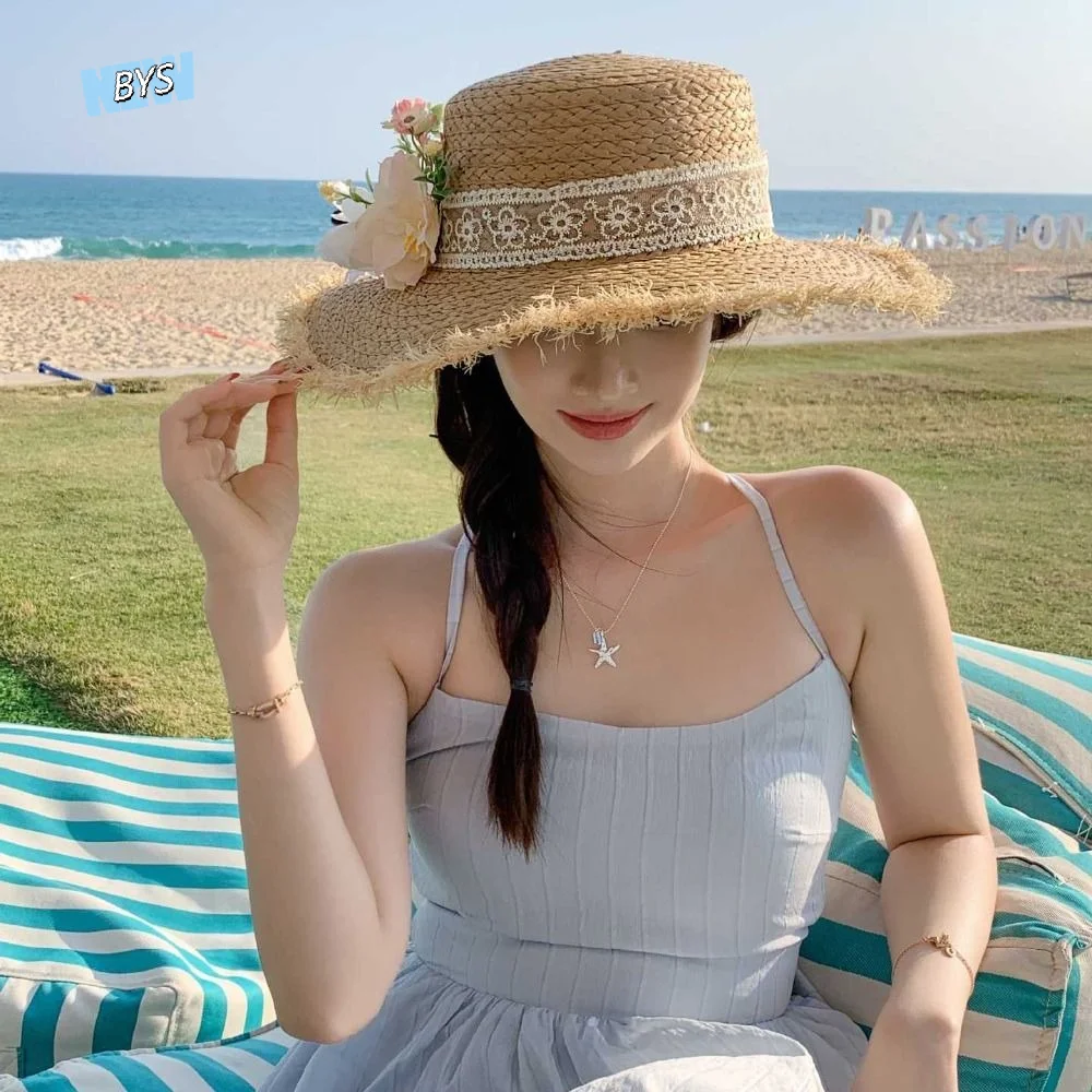 

Comfortable To Wear Tassel Edge Lace Flower Straw Hat Wide Brim Boho Weave Flat Cap Korean Style Lightweight Beach Hat Party
