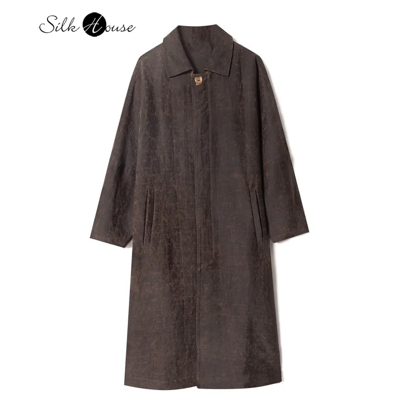 

Old Money Style Coffee Retro Lapel 100% Natural Mulberry Silk Gambiered Guangdong Gauze Women's Fashionable Windbreaker Jacket
