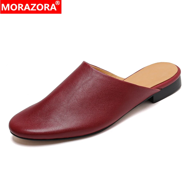 

MORAZORA 2026 New Genuine Leather Slippers Women Shoes Round Toe Flat Mules Female Outside Daily Casual Shoes